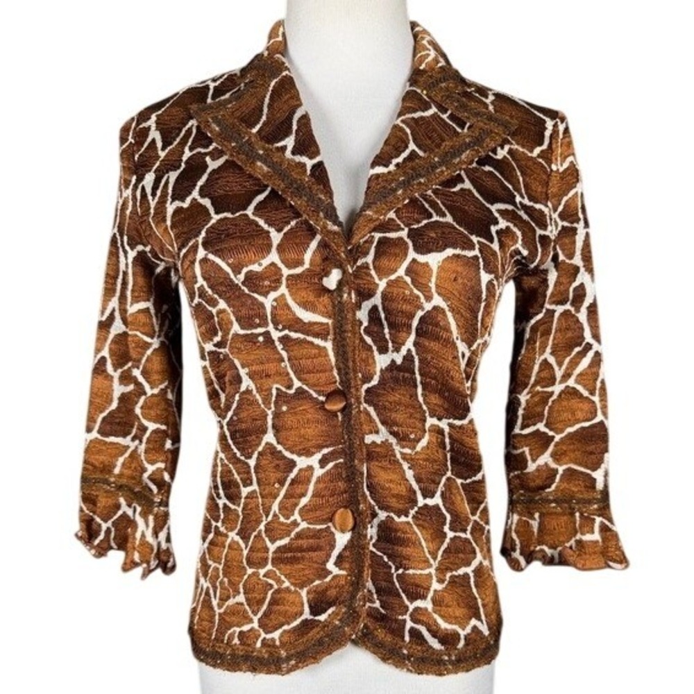 Alberto Makali Womens Brown Giraffe Print Sequin Textured Blouse Size Medium